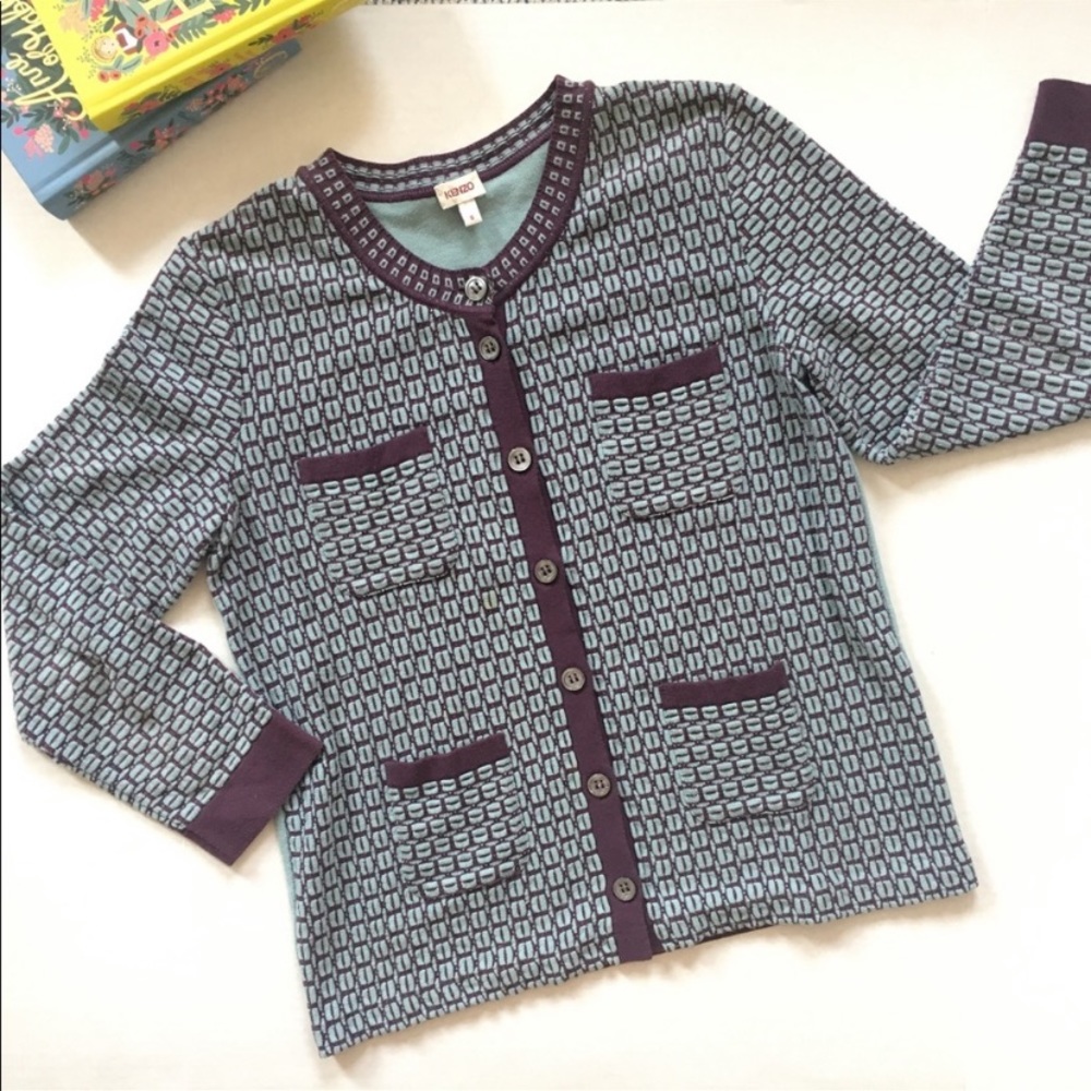 Kenzo Blue Purple Basketweave Cardigan Small